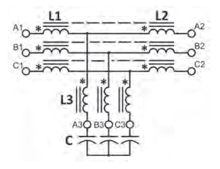 Wide Spectrum Harmonic Filter schematic showing blocking element L1/L2 and tuned filtering element L3/C